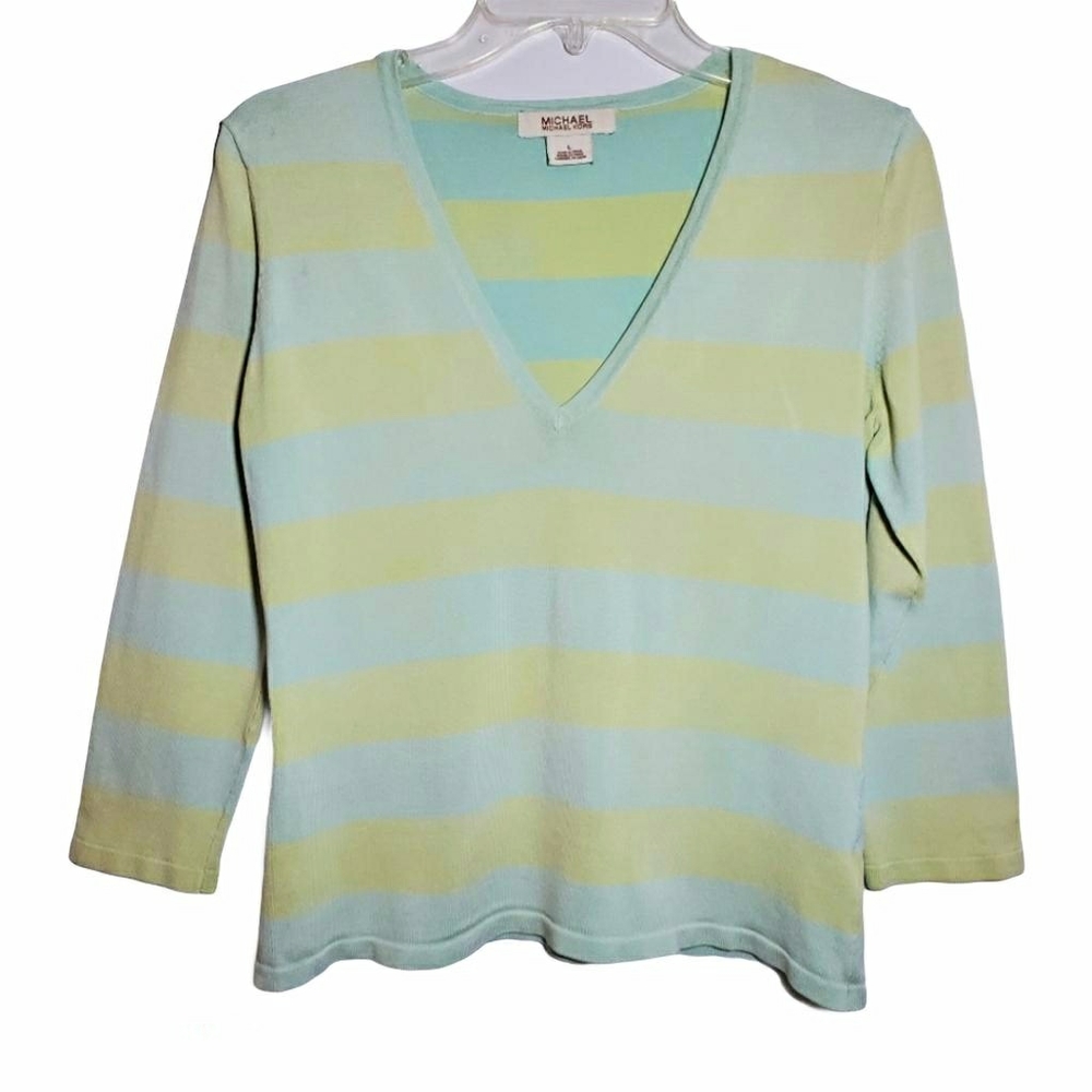 MICHAEL KORS Vneck Quarter Sleeve Striped Shirt Size L